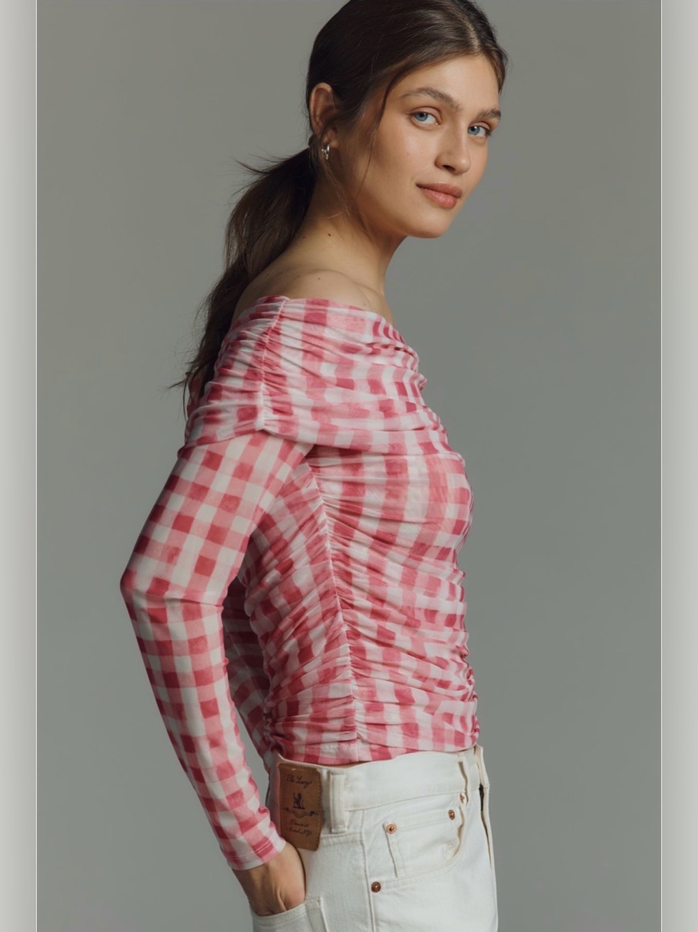 Maeve Aleda Mesh Off Shoulder Pink Plaid Ruched Top NWT Size L Anthropologie - Picture 3 of 8
